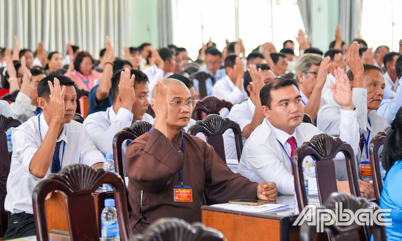 Đại biểu biểu quyết thông qua Đề án nhân sự và dự kiến danh sách cử Ủy ban MTTQ TX. Cai Lậy nhiệm kỳ 2024 - 2029.