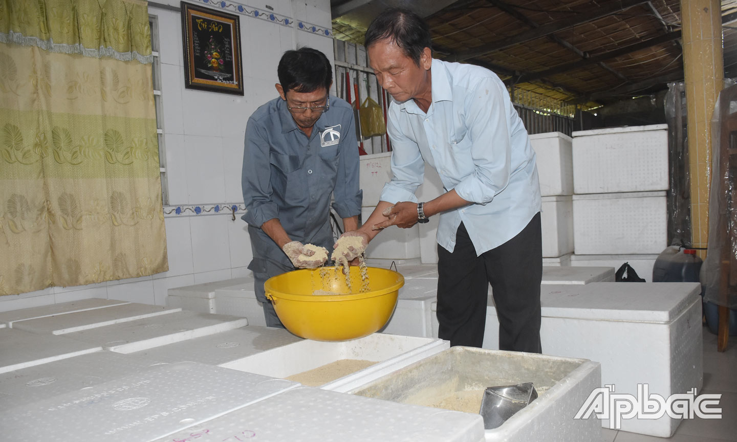  Thạc sĩ Nguyễn Ngọc Thành (áo trắng) kiểm tra thùng nuôi cấy chế phẩm VSV.