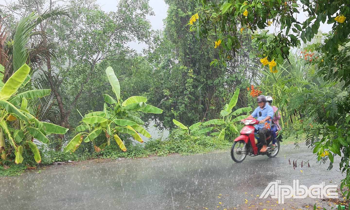 Người dân di chuyển trong cơn mưa sáng 13-5 ở khu vực huyệ Châu Thành.