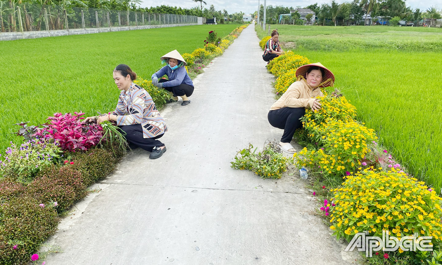 HV-PN xã Yên Luông chăm sóc tuyến đường hoa xã nông thôn mới.