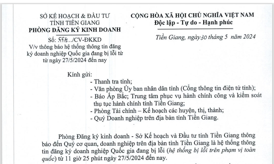 Hệ thống thông tin đăng ký doanh nghiệp Quốc gia đang bị lỗi.