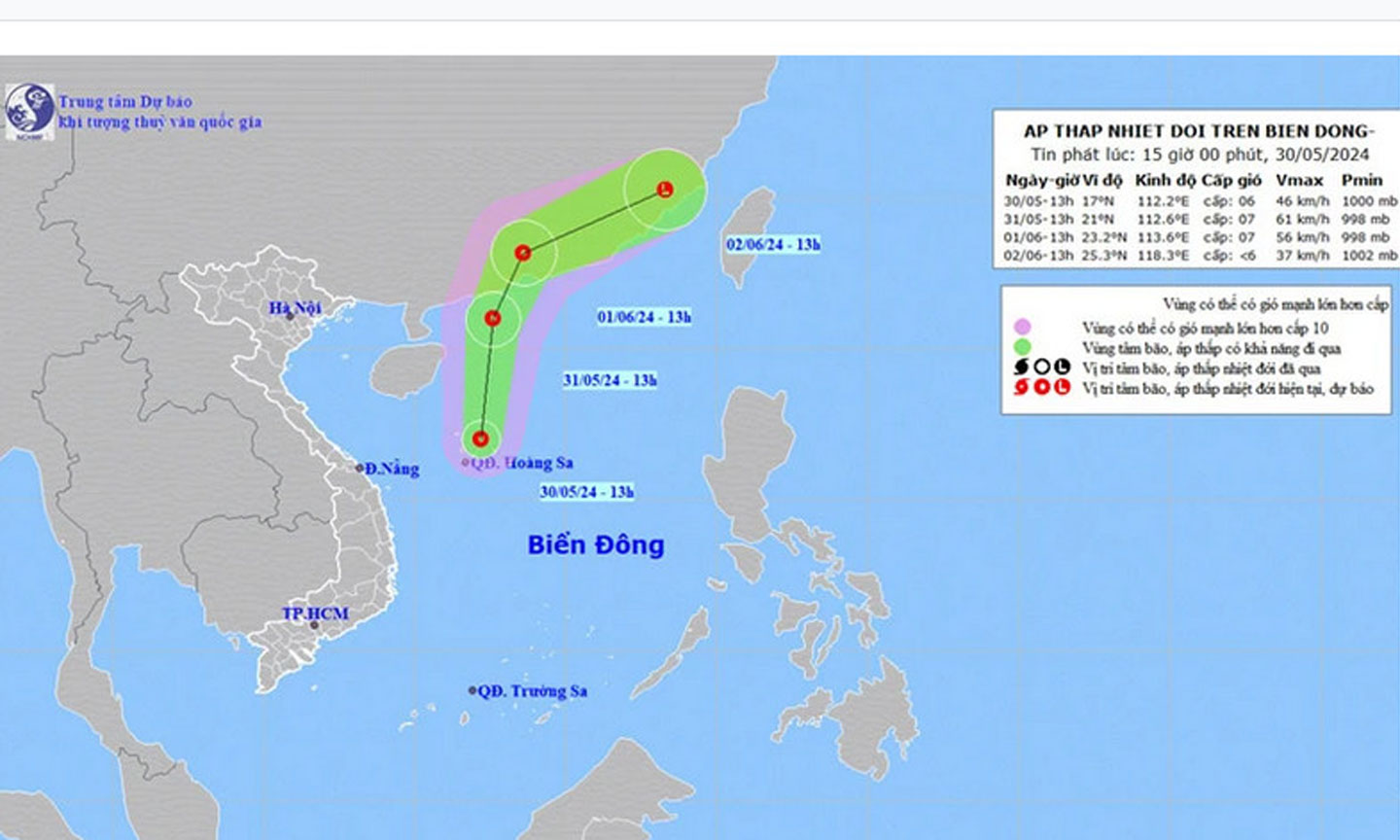 Vị trí và hướng di chuyển của áp thấp nhiệt đới. (Nguồn: nchmf.gov.vn)