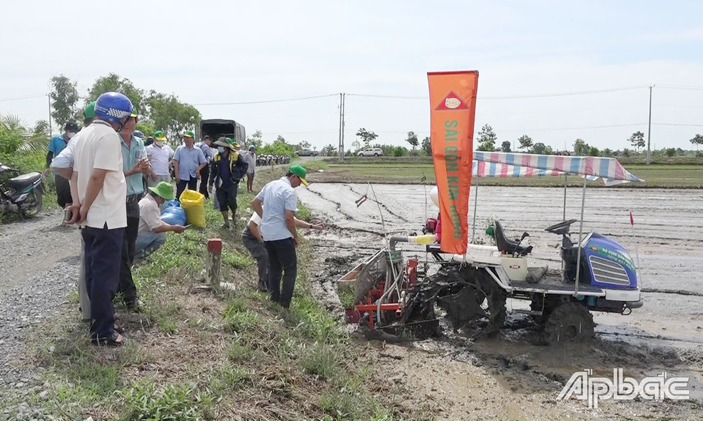 Đại biểu và bà con nông dân tham quan thực hành mô hình canh tác lúa thông minh thí điểm tại hộ nông dân Trần Ngọc Huyền.