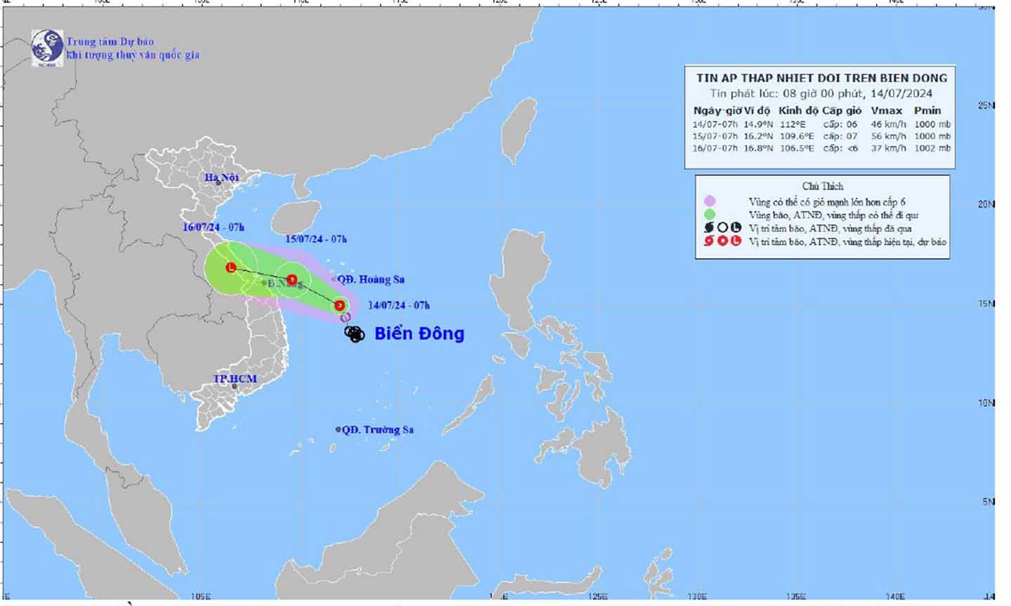 Bản đồ dư báo quỹ đạo và cường độ ATNĐ phát luc 08h00 ngày 14/7/2024