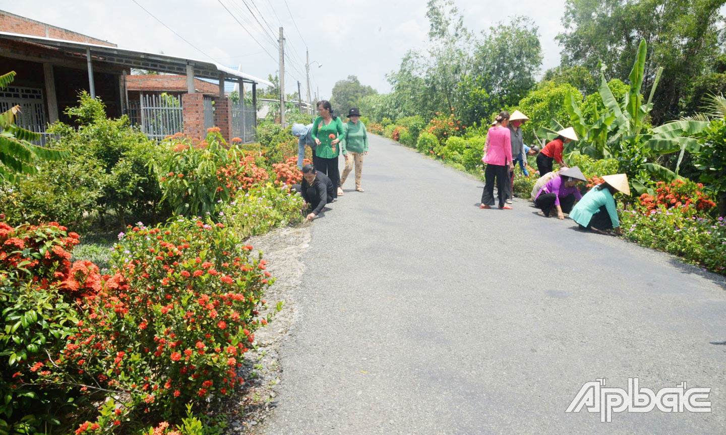 Một trong những tuyến đường hoa xanh - sạch - đẹp do Hội LHPN xã Tân Hòa Thành, huyện Tân Phước tổ chức thực hiện.