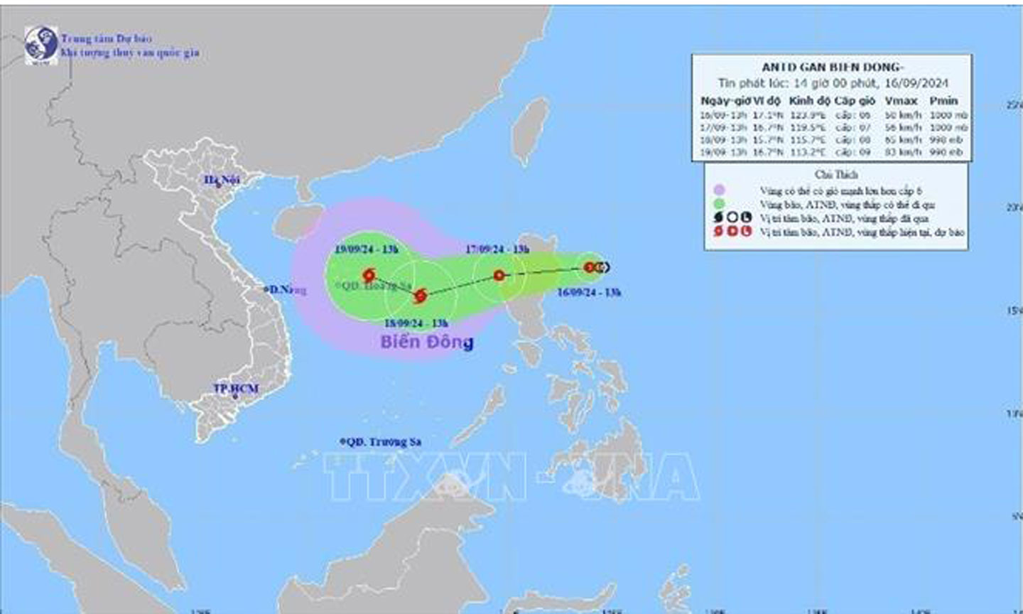 Hướng di chuyển của áp thấp nhiệt đới. Ảnh: TTXVN phát