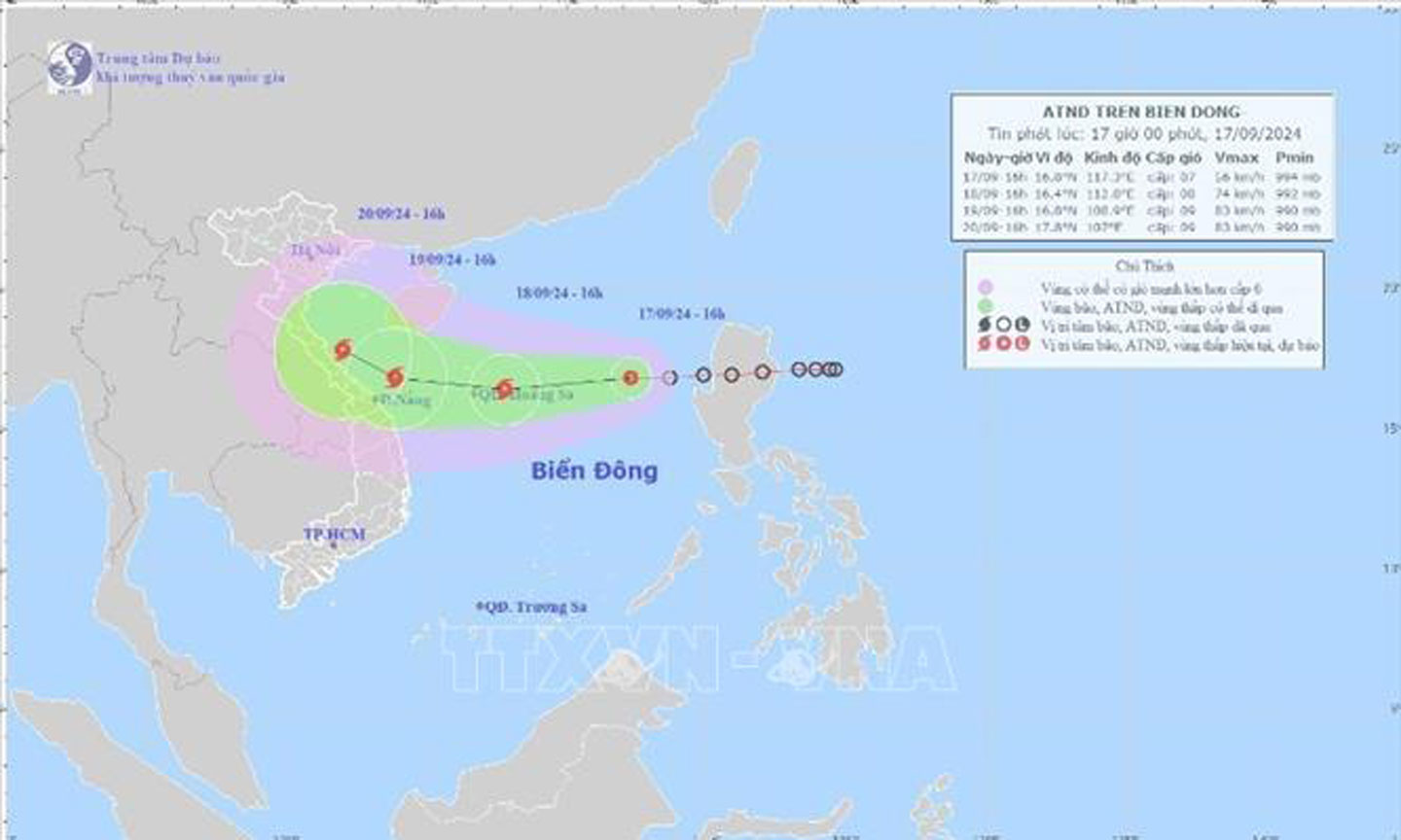 Hướng di chuyển của áp thấp nhiệt đới. Ảnh: TTXVN phát