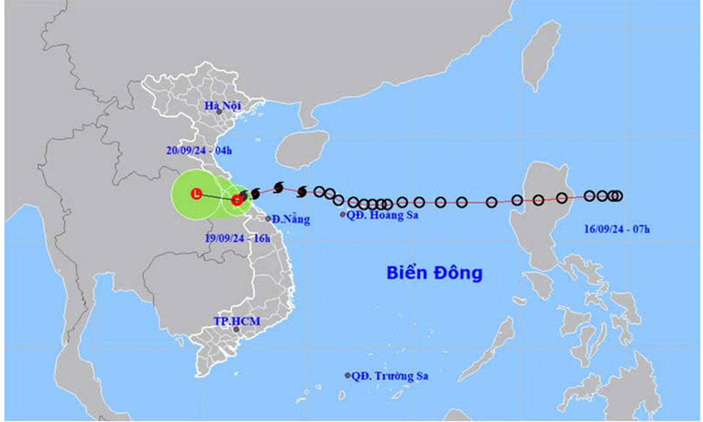 Vị trí và hướng di chuyển của áp thấp nhiệt đới (suy yếu từ bão số 4). (Nguồn: nchmf.gov.vn)