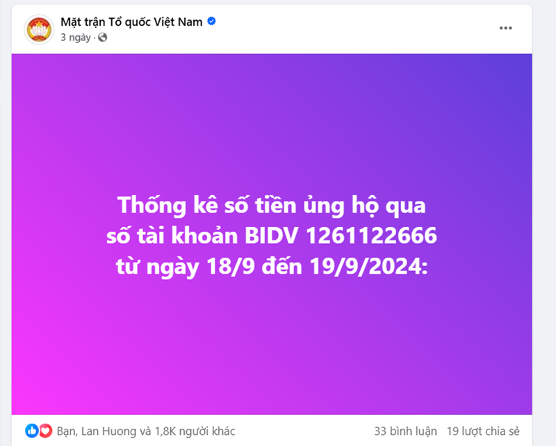 Mặt trận Tổ quốc Việt Nam công bố bước đầu danh sách và số tiền ủng hộ đồng bào bị thiệt hại do bão số 3. (Ảnh chụp màn hình)