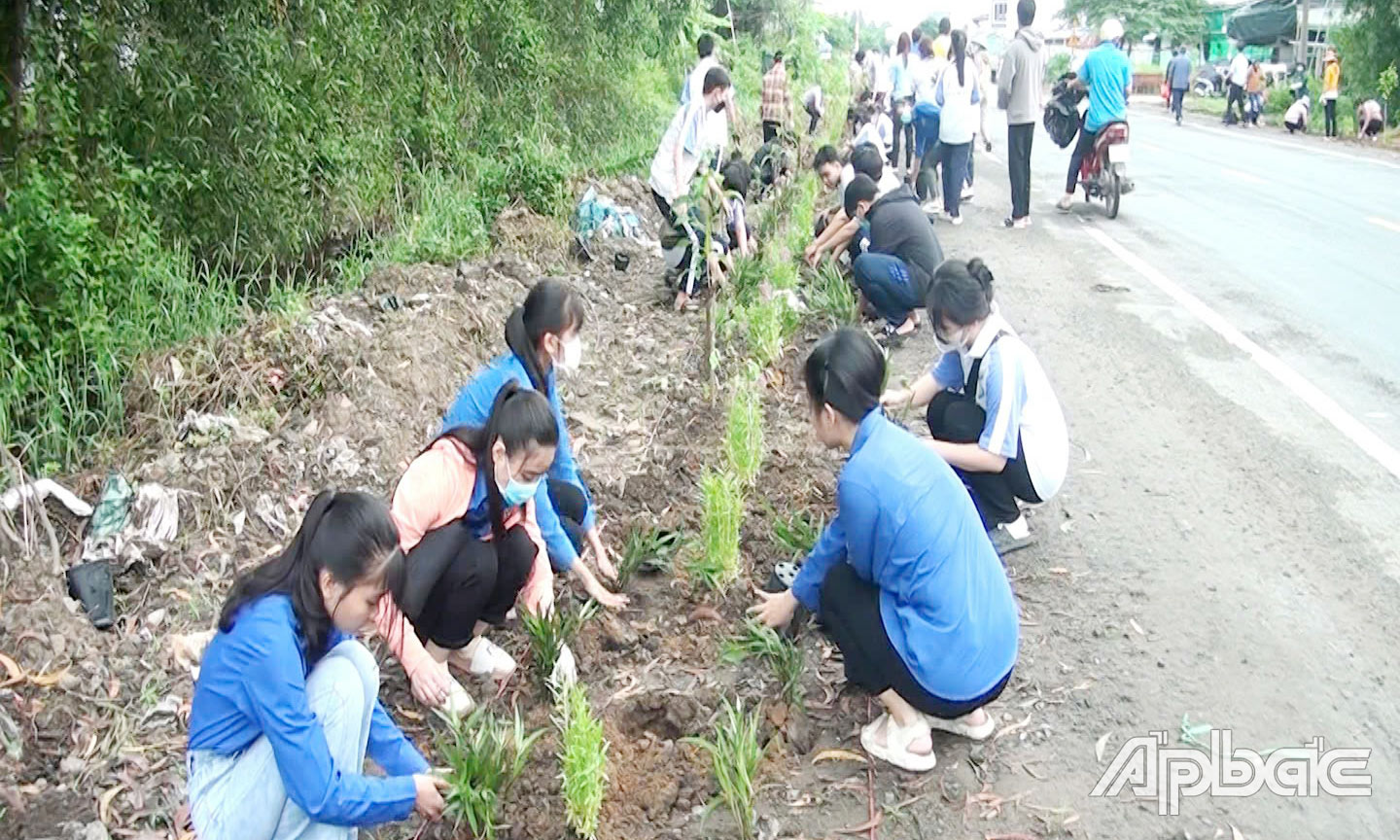 Các đoàn thể tham gia trồng hoa. 