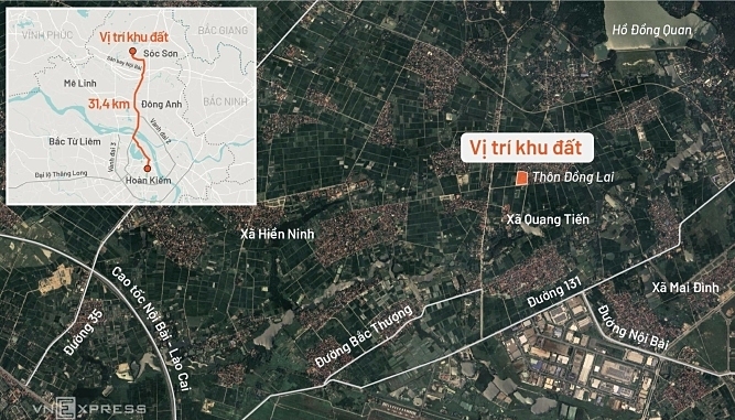 Vị trí khu đất được trả đấu giá 30 tỷ đồng một m2 ở huyện Sóc Sơn, Hà Nội, tháng 11/2024. Đồ họa:Gia Linh