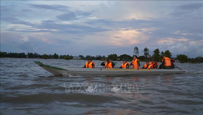 Tổ công tác của Đồn Biên phòng Cầu Muống và các lực lượng liên quan tuần tra phòng, chống buôn lậu trên cánh đồng ngập nước (xã Thường Thới Hậu A, huyện Hồng Ngự, tỉnh Đồng Tháp). Ảnh: Nhựt An/TTXVN