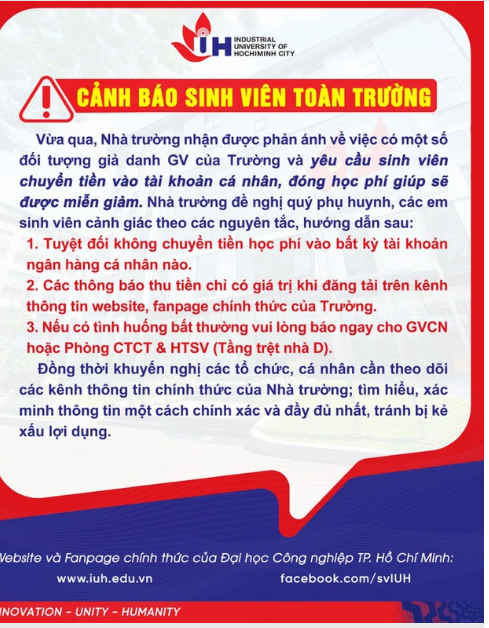 Cảnh báo của Tường Đại học Công nghiệp TP.HCM.