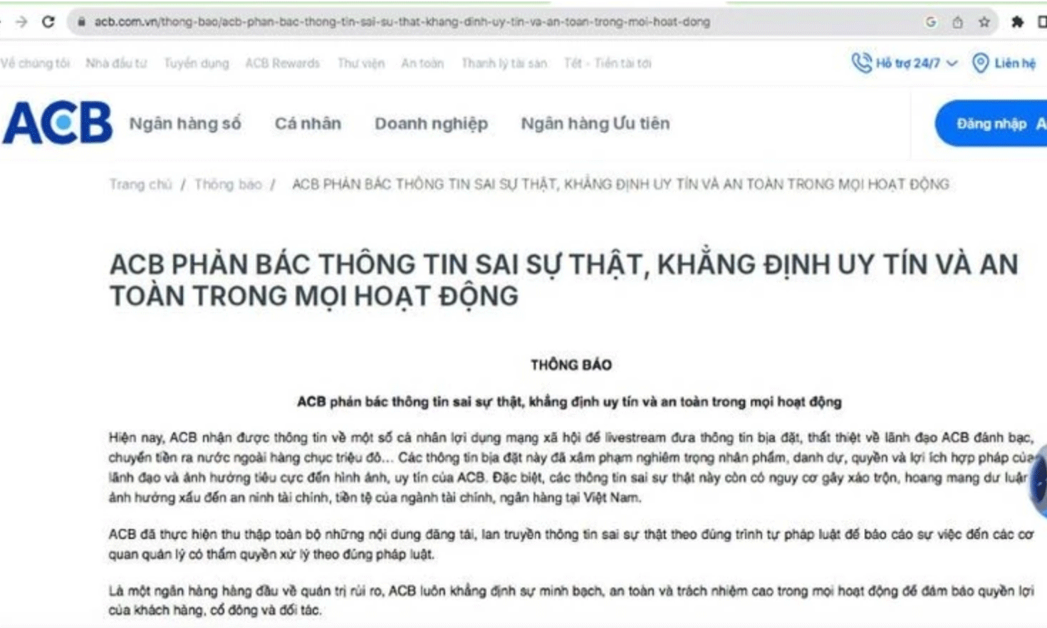 Ảnh chụp thông báo trên trang web của ACB.