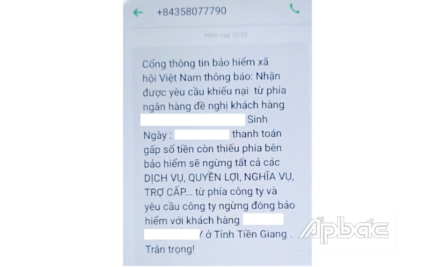 Mẫu tin nhắn của đối tượng lừa đảo.