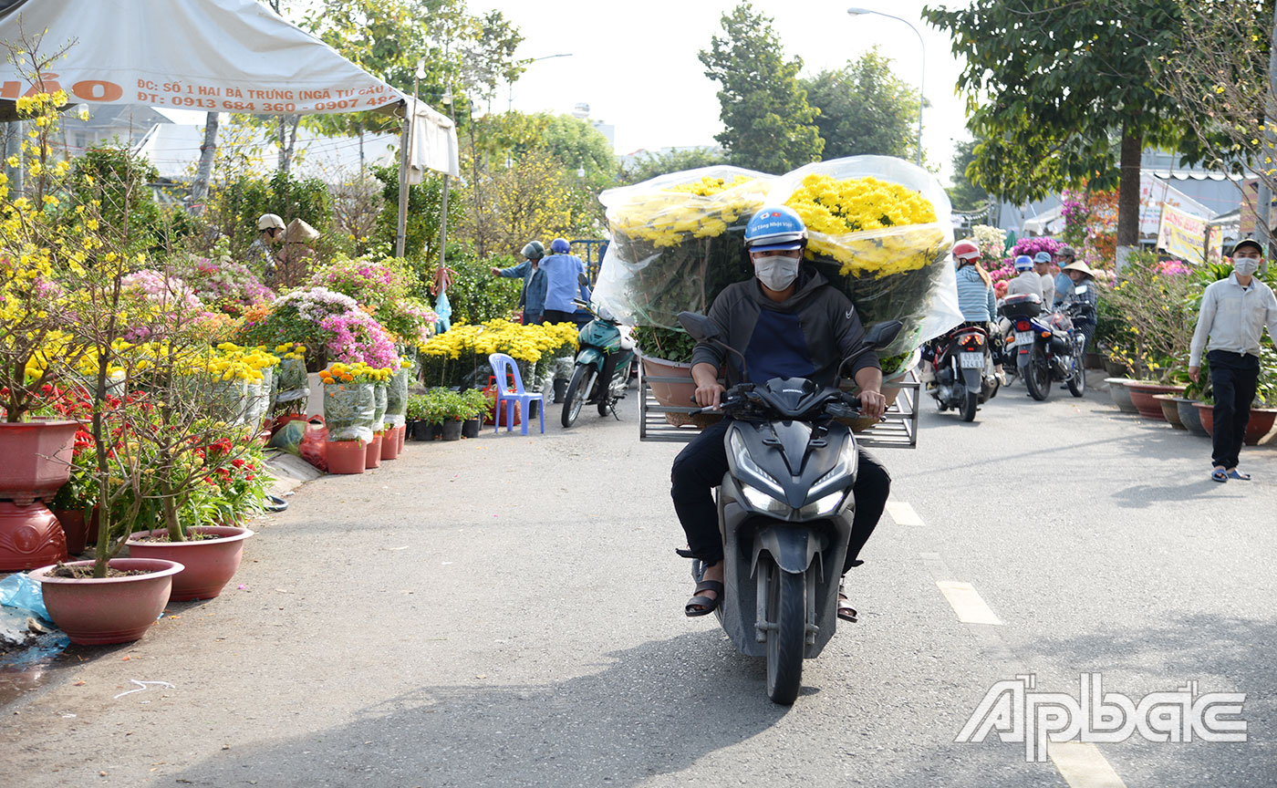 Người dân đến mua hoa về chưng tết tại Chợ hoa Xuân TP. Gò Công.