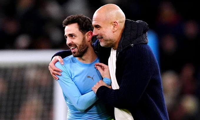 HLV Pep Guardiola mừng sau khi Man City thắng Club Brugge trên sân Etihad, thành phố Manchester, Anh tối 29-1-2025. Ảnh: PA