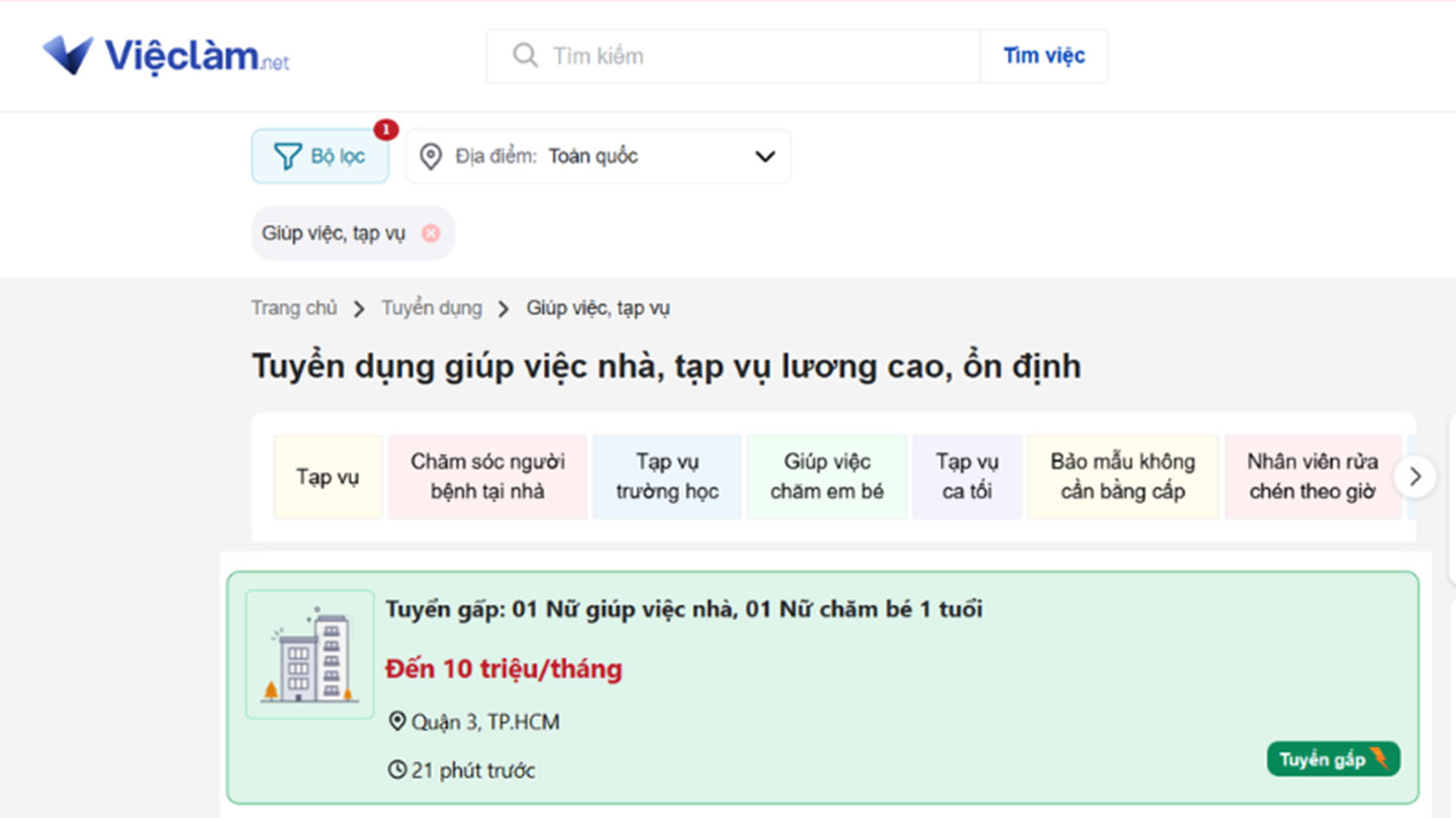 Tìm việc giúp việc nhà uy tín, nhanh chóng với Vieclam.net