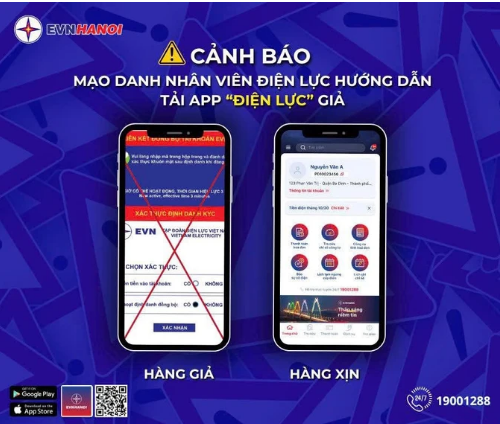 EVNHANOI cảnh báo tình trạng mạo danh nhân viên điện lực Hà Nội để lừa người dân cài “app” giả.