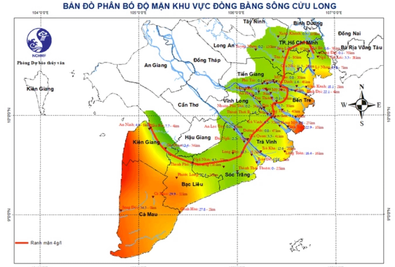 Họa đồ những khu vực đang bị xâm mặn ở ven biển Nam bộ. Nguồn: Trung tâm Dự báo khí tượng - thủy văn quốc gia 