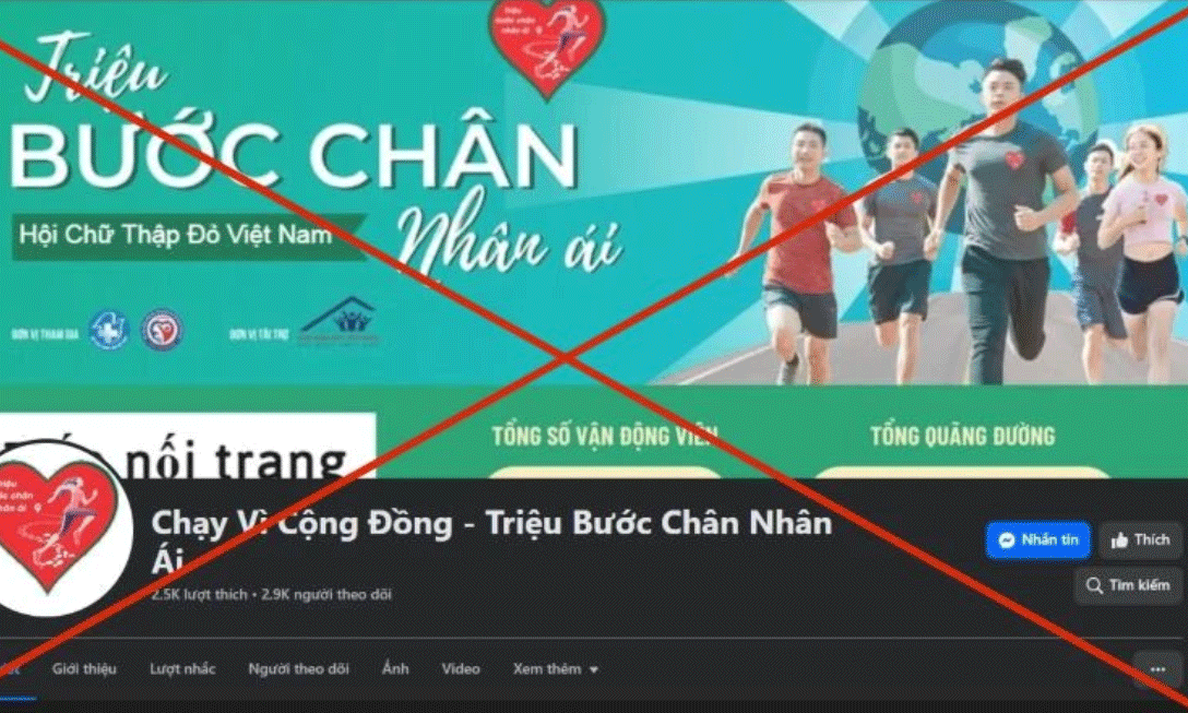 Hình ảnh trang fanpage mạo danh tên Chiến dịch “Triệu bước chân nhân ái” để kêu gọi quyên góp, gây quỹ. (Ảnh chụp màn hình)