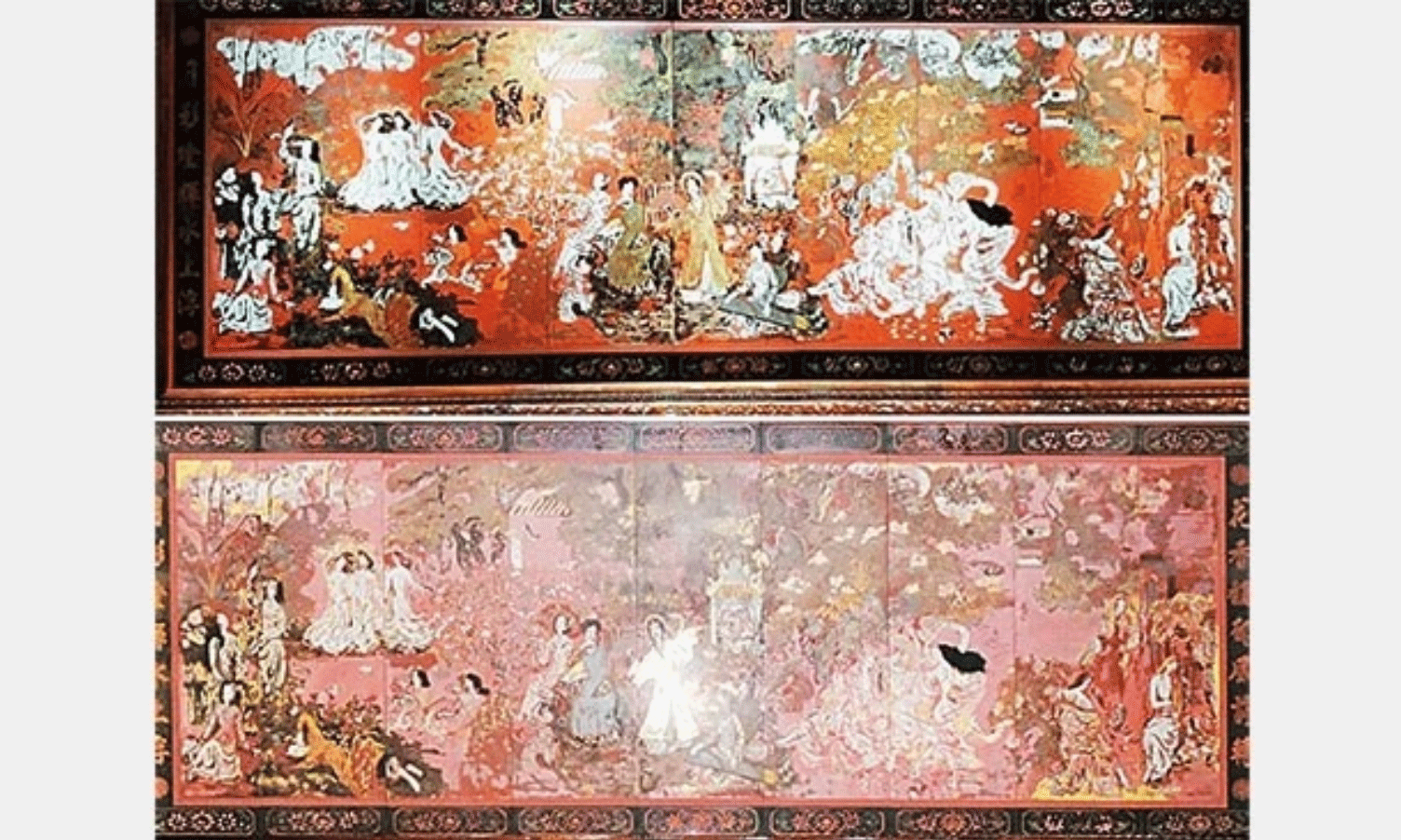 Bảo vật quốc gia, bức tranh “Vườn xuân Trung Nam Bắc” của danh họa Nguyễn Gia Trí trước và sau khi bị làm hỏng.