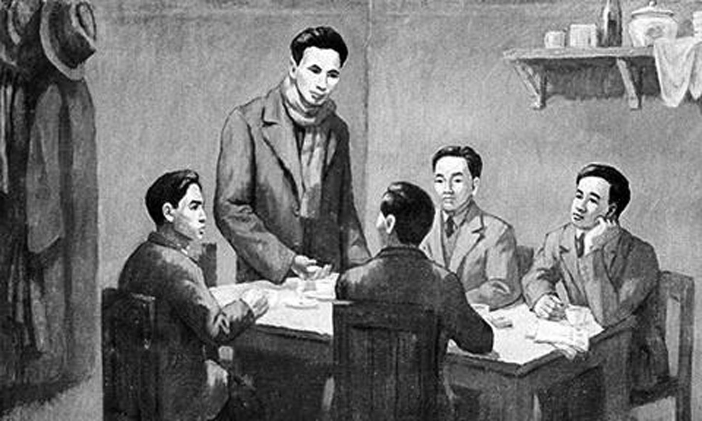 Từ ngày 6-1 - 7-2-1930, Hội nghị hợp nhất các tổ chức Cộng sản thành lập Đảng Cộng sản Việt Nam họp ở bán đảo Cửu Long, thuộc Hong Kong (Trung Quốc) dưới sự chủ trì của đồng chí Nguyễn Ái Quốc thay mặt cho Quốc tế Cộng sản. Ảnh: Tranh tư liệu TTXVN