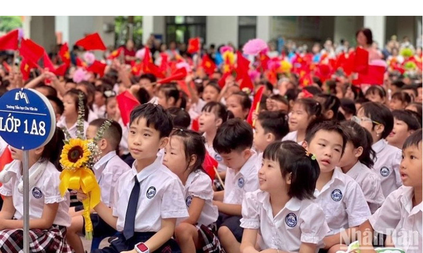 Học sinh lớp 1 Trường tiểu học Chu Văn An (Tây Hồ, Hà Nội) trong lễ khai giảng ngày 5/9/2025. (Ảnh: DUY LONG)