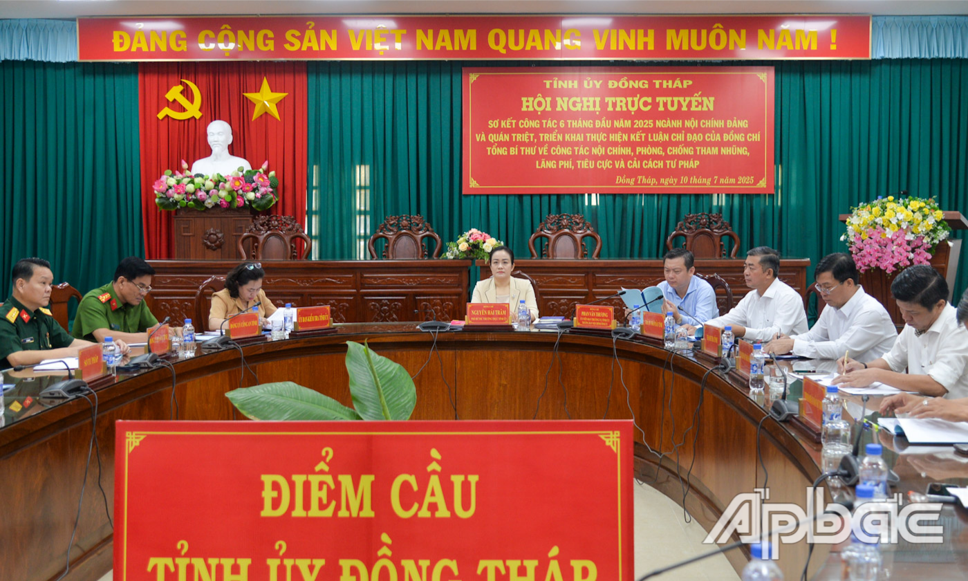 Đồng chí Nguyễn Hải Trâm dự tại điểm cầu Đồng Tháp.