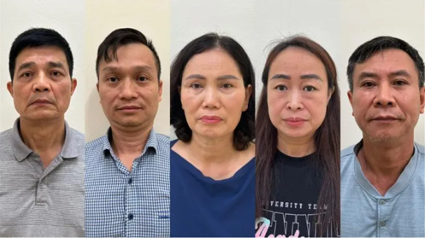 Các đối tượng: Nguyễn Thanh Phong, Đinh Quang Minh, Nguyễn Thị Minh Hải, Lê Thị Hiên, Cao Văn Trung (từ trái qua). Ảnh: BỘ CÔNG AN