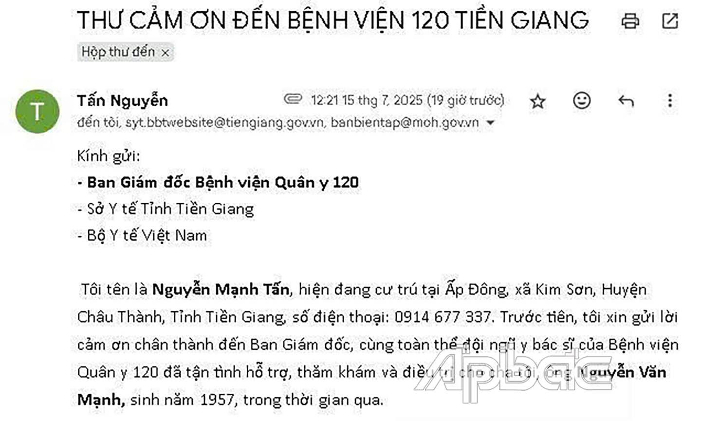 Lá thư được gởi đến bệnh viện.