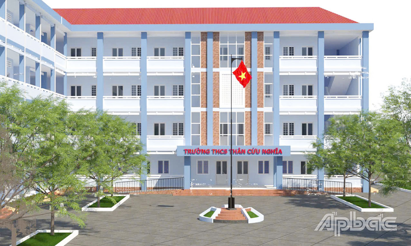 Bản vẽ phối cảnh công trình Trường THCS Thân Cửu Nghĩa, huyện Châu Thành (trước khi sáp nhập tỉnh). 