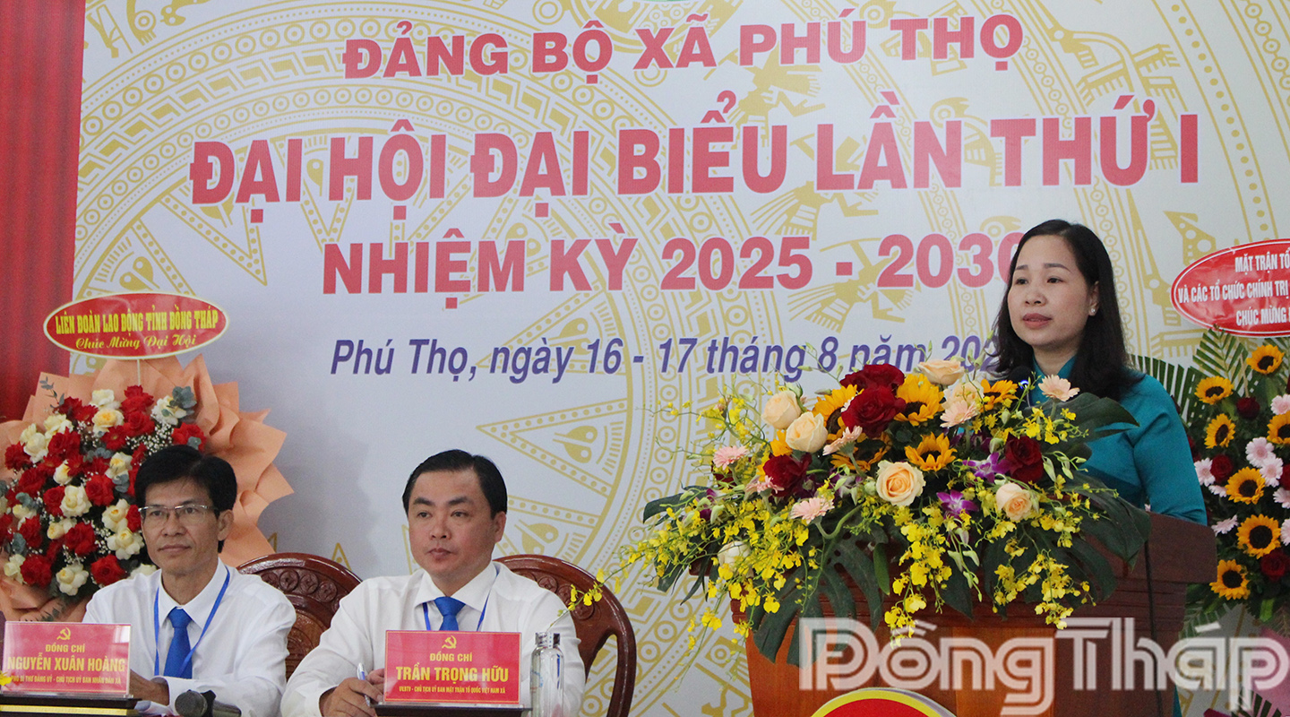 Đồng chí Huỳnh Thị Thu Thủy, Bí thư Đảng ủy xã Phú Thọ, nhiệm kỳ 2025 – 2030 phát biểu bế mạc Đại hội.