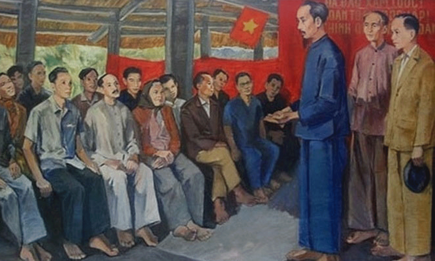 Tranh vẽ Chủ tịch Hồ Chí Minh chủ trì Đại hội Quốc dân tại Đình Tân Trào (Tuyên Quang). 